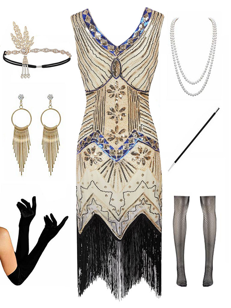 1920s  Sequined Fringed Gatsby Flapper Dress Set