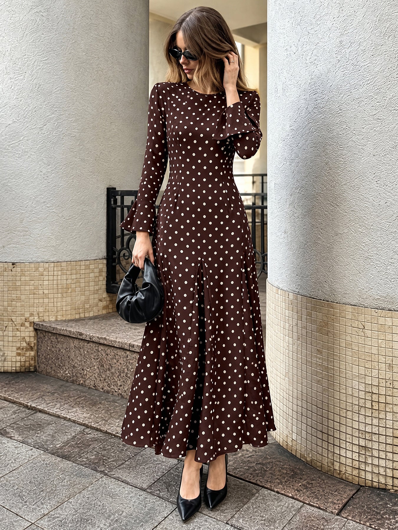 Brown  With Polka Dot Paneling Maxi Dress