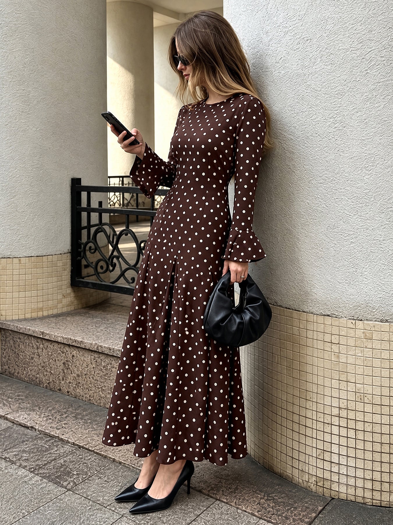 Brown  With Polka Dot Paneling Maxi Dress