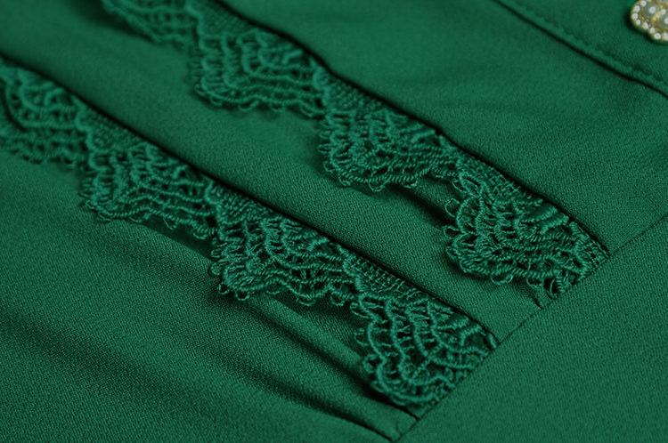 Green Bow Collar Long Sleeve Lace 1950S Vintage Maxi Dress