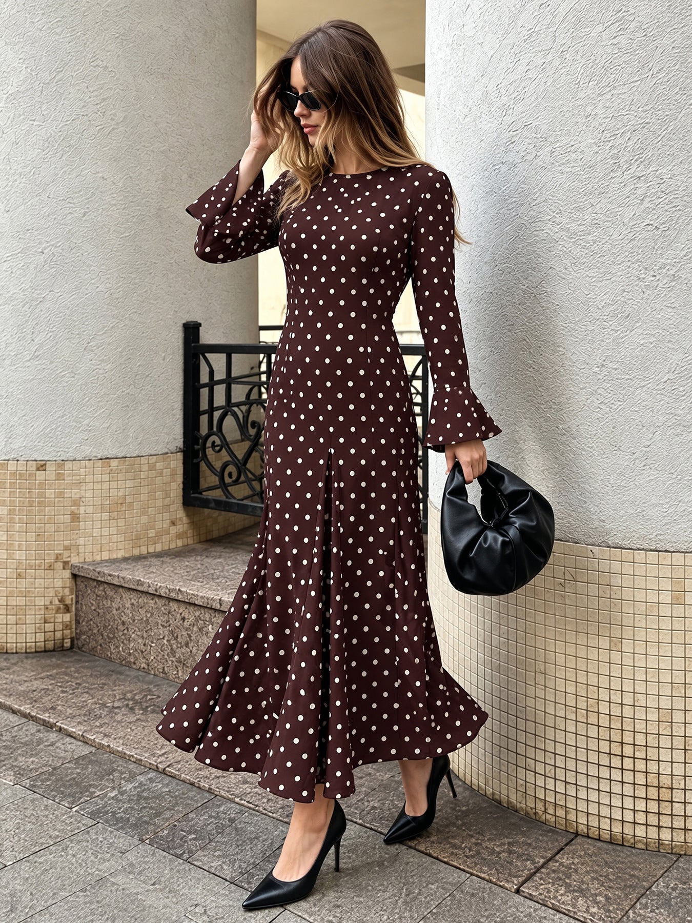 Brown  With Polka Dot Paneling Maxi Dress