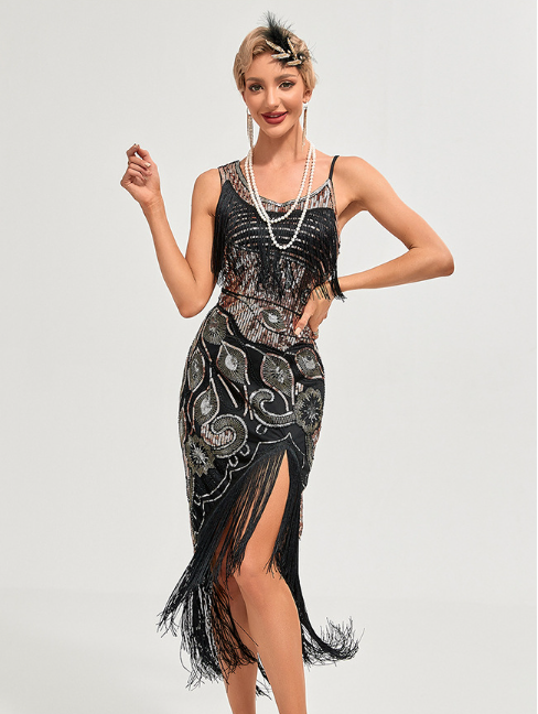 1920s-Style Sequin and Beaded Fringe Midi Dress