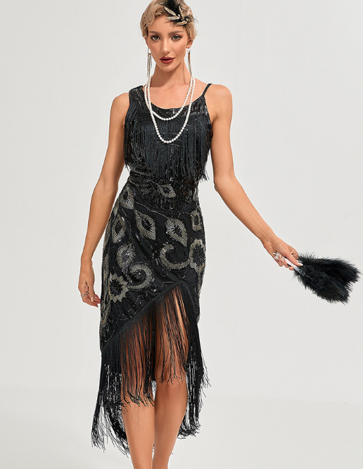 1920s-Style Sequin and Beaded Fringe Midi Dress