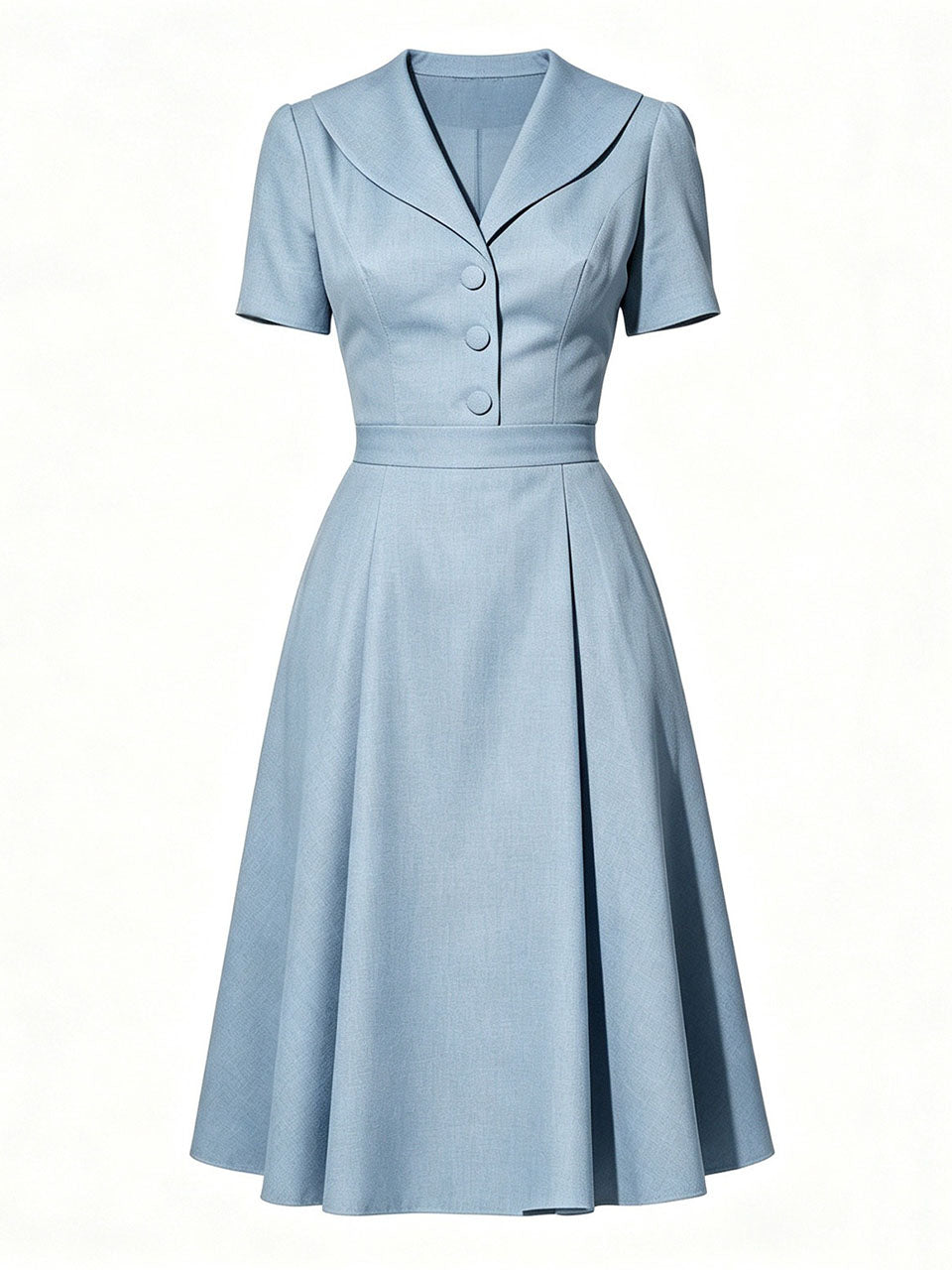 1950s Light Blue Lapel Neck Button Front Swing Dress