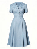 1950s Light Blue Lapel Neck Button Front Swing Dress