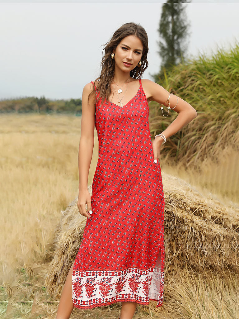 Boho Dress Floral Printed Spaghetti Strap Beach Dress Maxi Dress