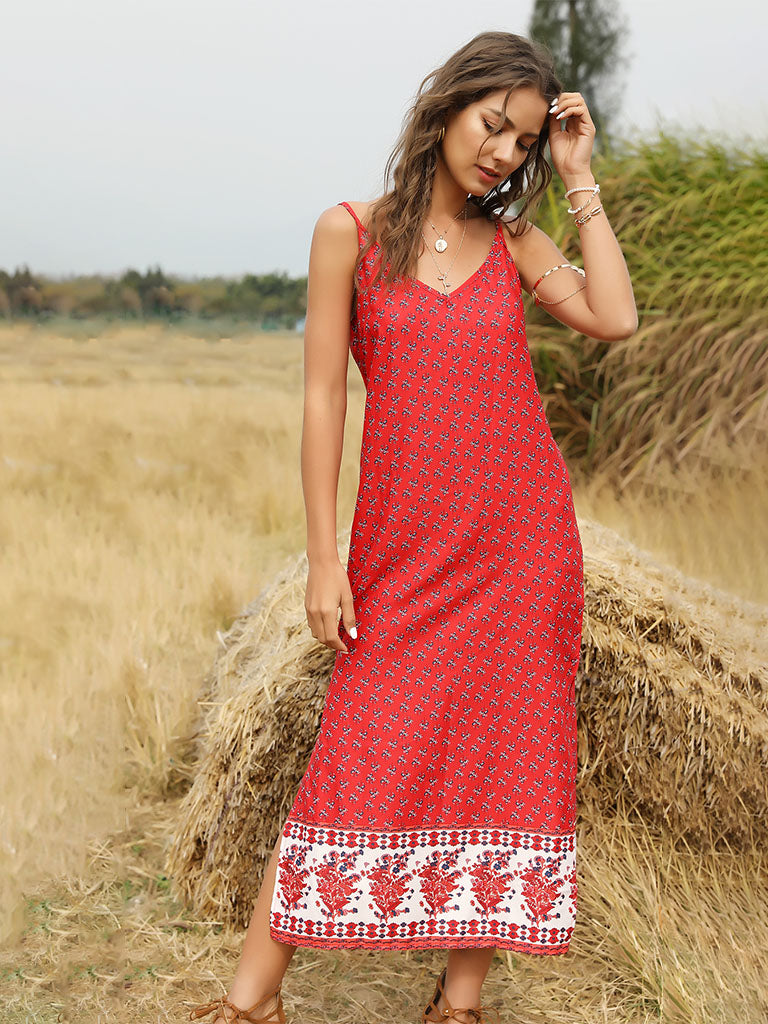 Boho Dress Floral Printed Spaghetti Strap Beach Dress Maxi Dress