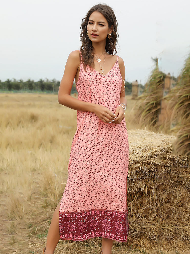 Boho Dress Floral Printed Spaghetti Strap Beach Dress Maxi Dress