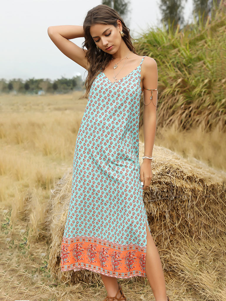 Boho Dress Floral Printed Spaghetti Strap Beach Dress Maxi Dress