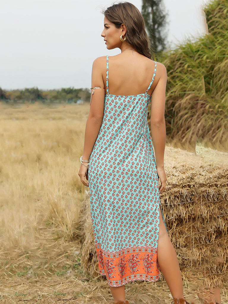 Boho Dress Floral Printed Spaghetti Strap Beach Dress Maxi Dress