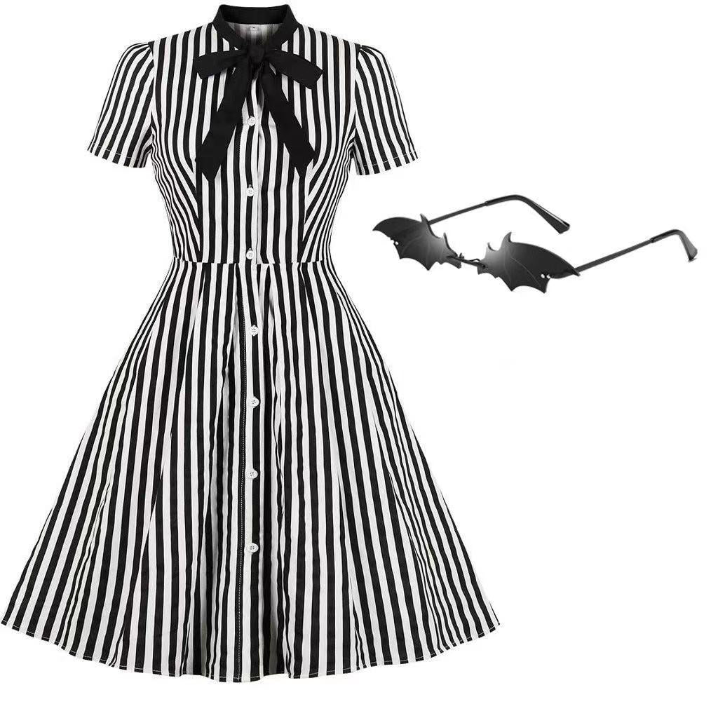 Beetlejuice Costume Pocket Dress Black and White Vertical Stripe Dress