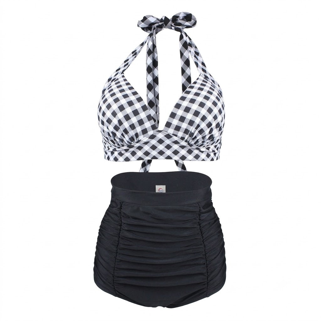 Vintage-Inspired Black Plaid Halter High-Waisted Bikini Set