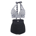 Vintage-Inspired Black Plaid Halter High-Waisted Bikini Set
