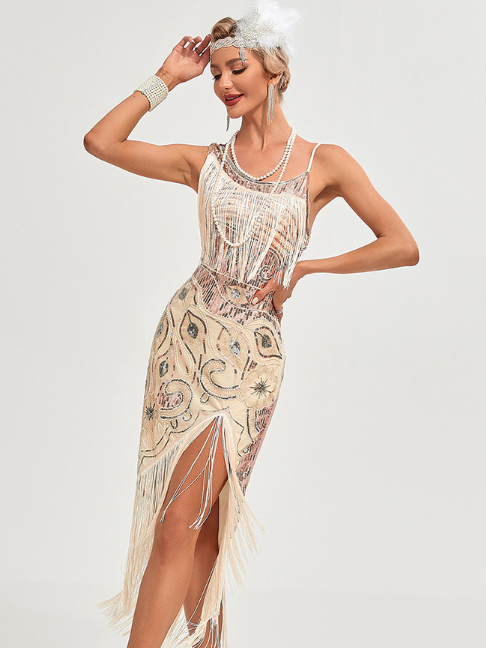 1920s-Style Sequin and Beaded Fringe Midi Dress