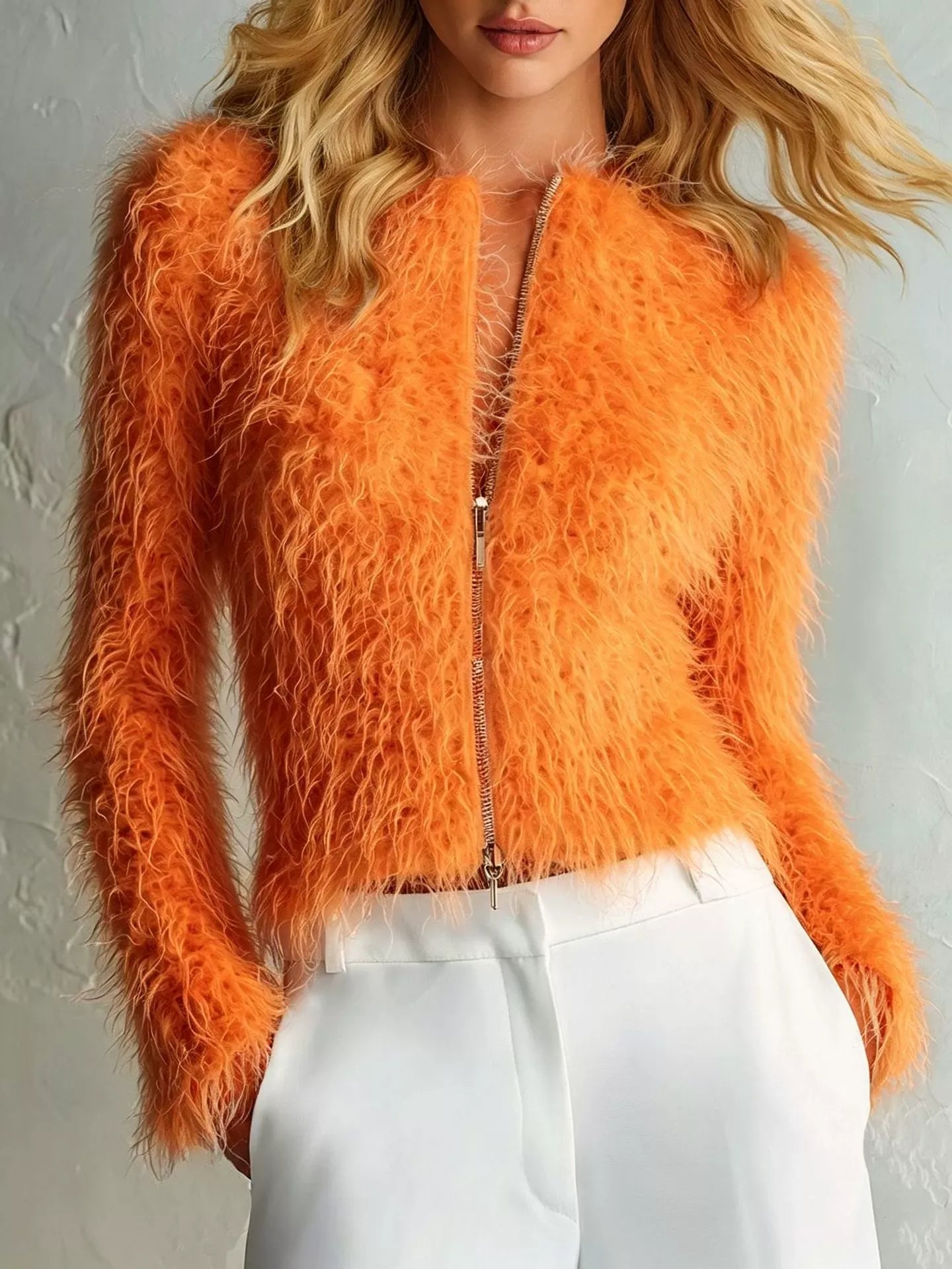 Versatile Long-Sleeve Fuzzy Zip-Up Top