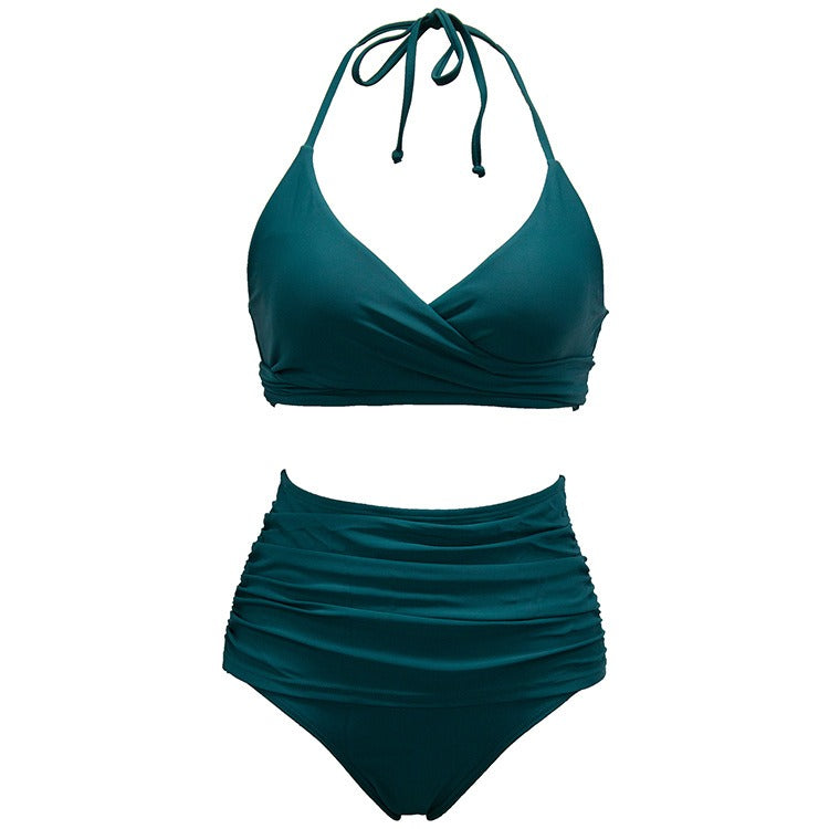 Two Piece Bikini Set Halter V Neck Bathing Suit High Waisted Ruched Tummy Control Swimsuit