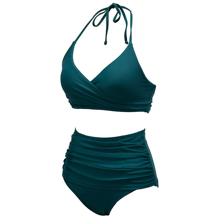 Two Piece Bikini Set Halter V Neck Bathing Suit High Waisted Ruched Tummy Control Swimsuit