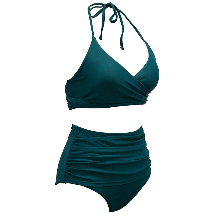 Two Piece Bikini Set Halter V Neck Bathing Suit High Waisted Ruched Tummy Control Swimsuit