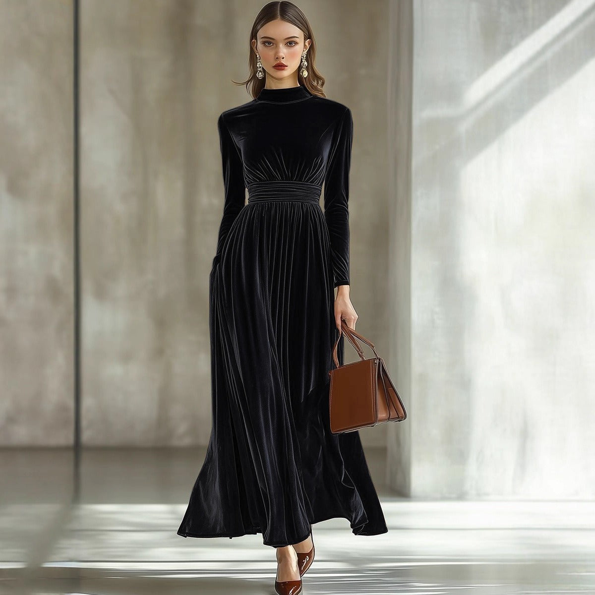 Long-Sleeved Velvet Maxi Dress