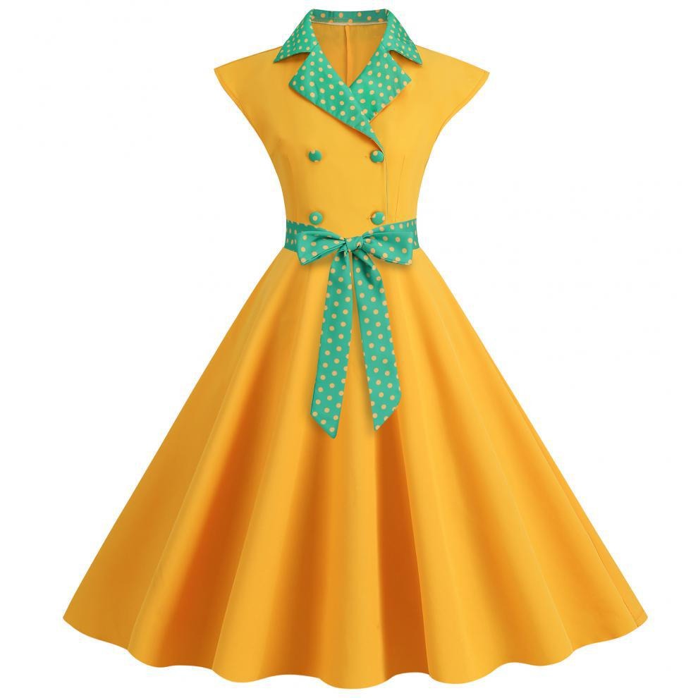 Color Block Polka Dot Solid Color Full Swing Dress
