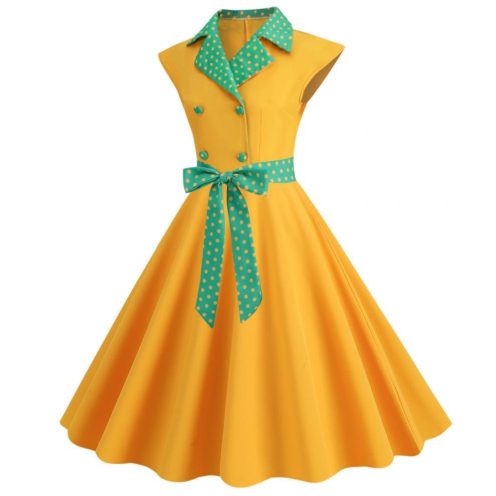 Color Block Polka Dot Solid Color Full Swing Dress
