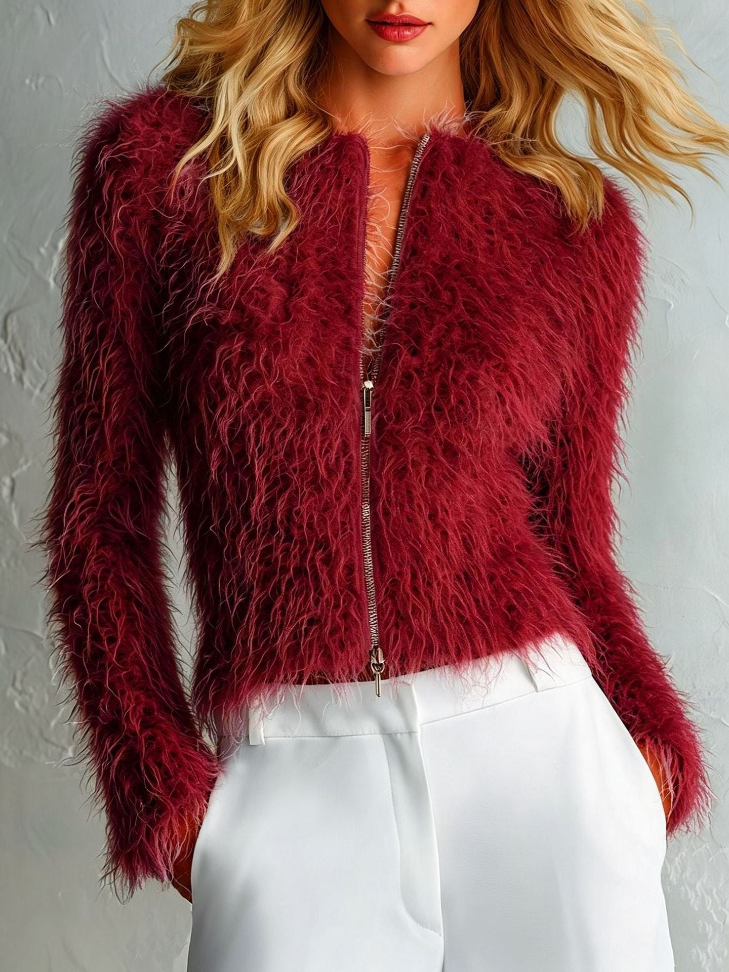 Versatile Long-Sleeve Fuzzy Zip-Up Top