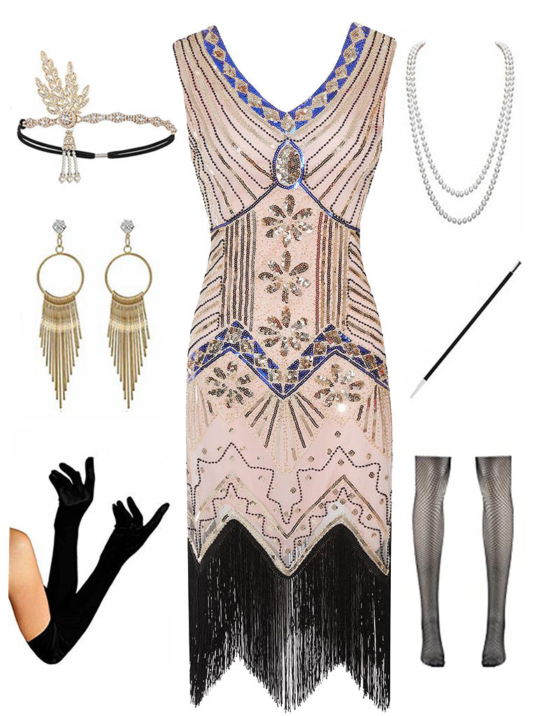 1920s  Sequined Fringed Gatsby Flapper Dress Set