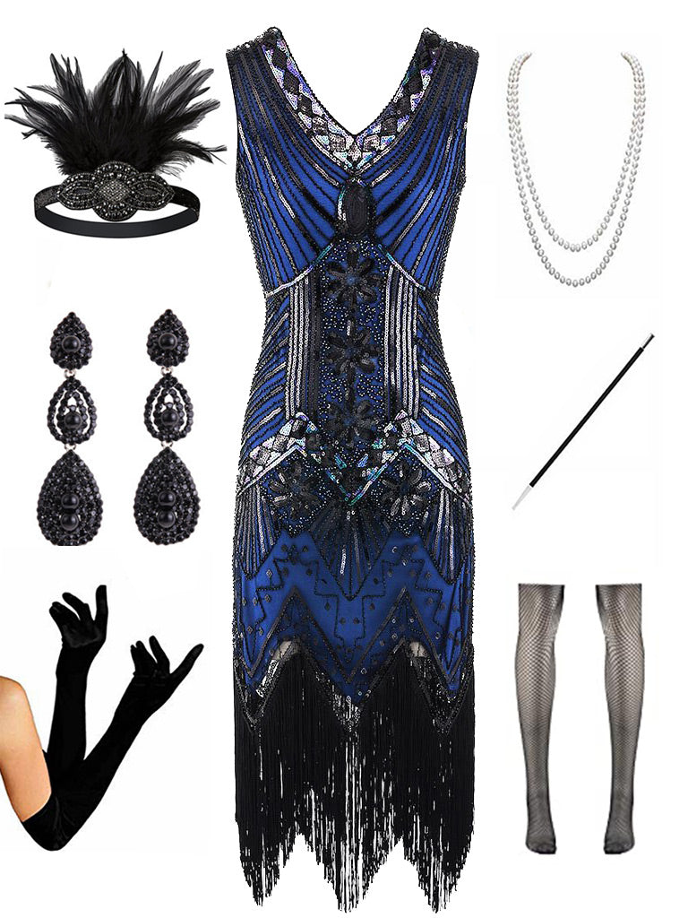 1920s  Sequined Fringed Gatsby Flapper Dress Set