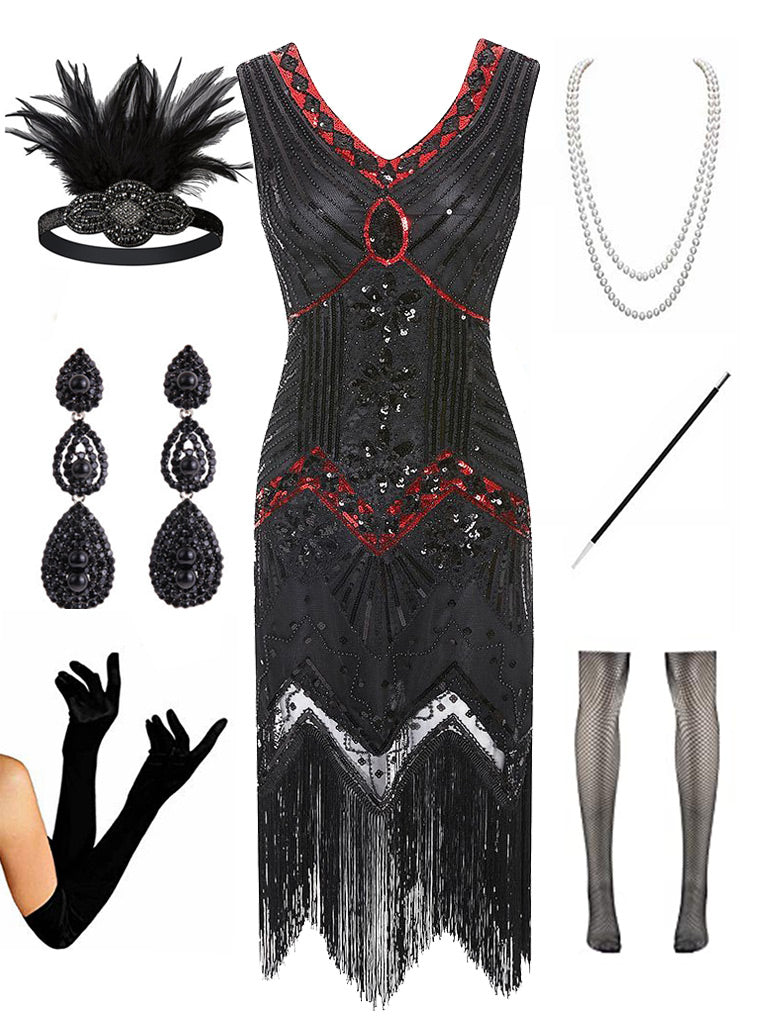 1920s  Sequined Fringed Gatsby Flapper Dress Set