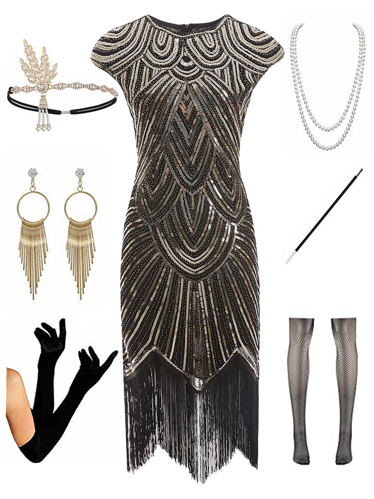 1920s Gatsby Sequined Fringed Flapper Dress Set