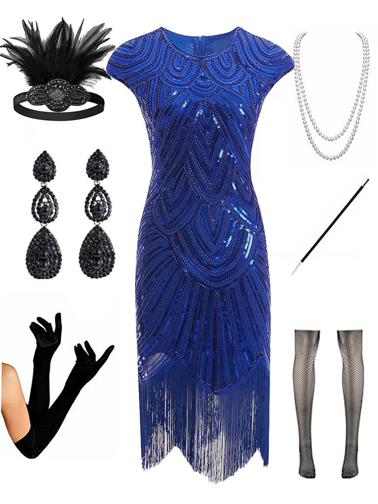 1920s Gatsby Sequined Fringed Flapper Dress Set