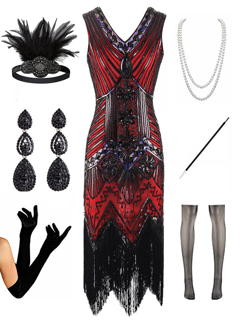 1920s  Sequined Fringed Gatsby Flapper Dress Set