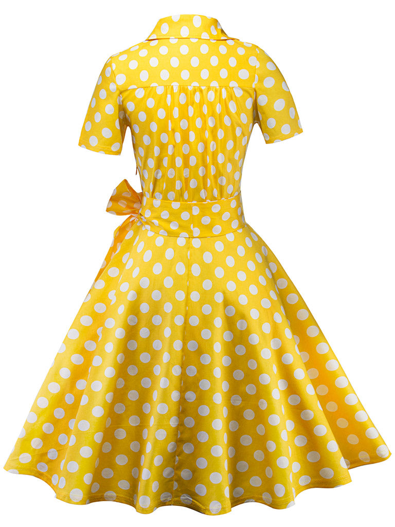 Elegant High Waist V Neck Short Sleeve Dots Vintage Dress